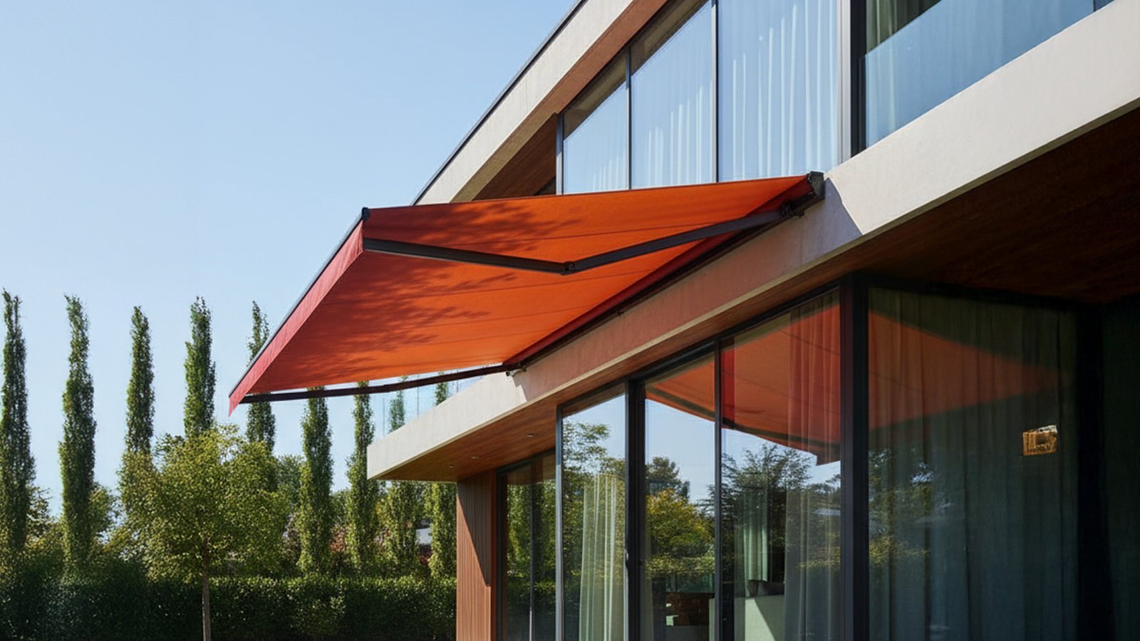 Toldo articulado em fachada contemporânea